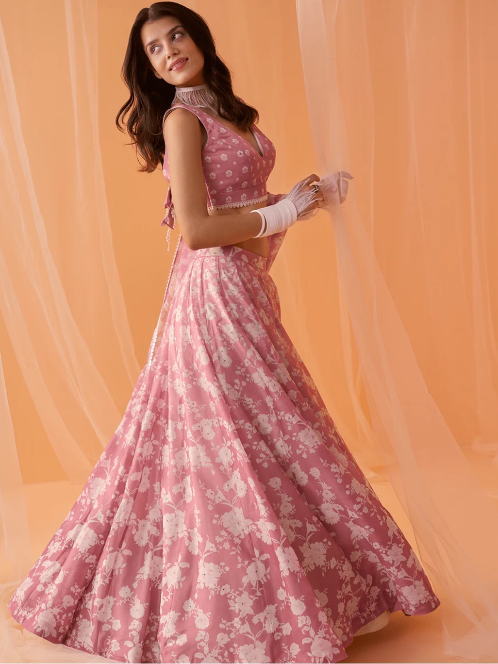 Dusty Pink White Floral Printed Lehenga — image 3 of 7